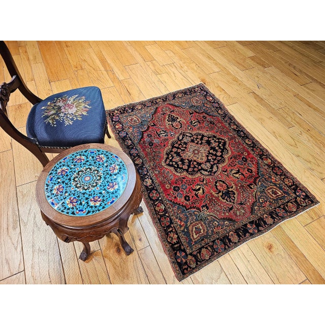 Vintage Persian Sarouk Area Rug, Handwoven Floral Design, Red & Turquoise, 4’ X 5’ For Sale - Image 4 of 12