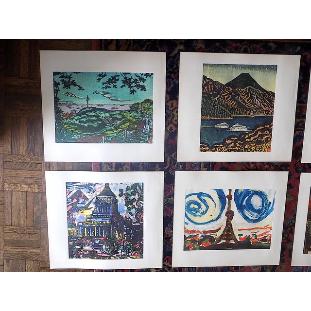 This set of 9 vintage abstract expressionist lithographs (offset) depict various Japanese views. All but one are signed...