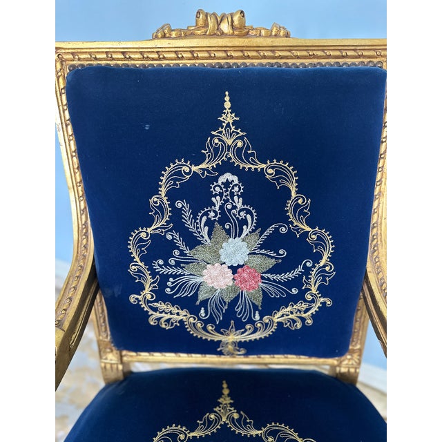 Mid 20th Century French Louis XVI Style Giltwood & Navy Embroidered Velvet Fauteuils- Pair For Sale - Image 15 of 18