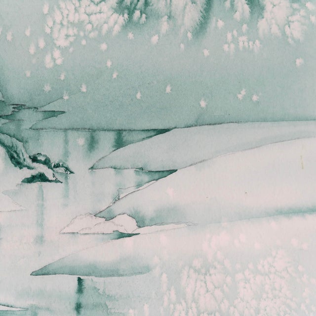 Bottle Green Late 20th Century Original Monochromatic Winter Scene Watercolor Painting on Paper by Artist Ellen Shannon of Snowy Pine & Frozen Stream For Sale - Image 8 of 16