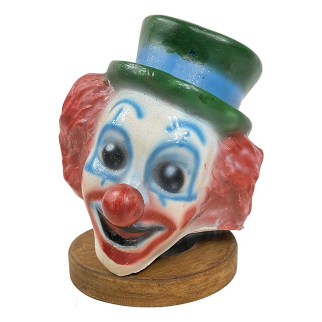 Fiberglass Clown Head Sculpture with Wooden Base, 1960s For Sale