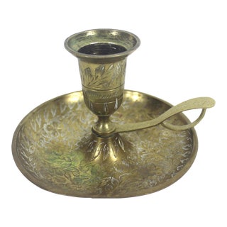 Vintage Etched Brass Chamber Stick Single Candle Holder For Sale