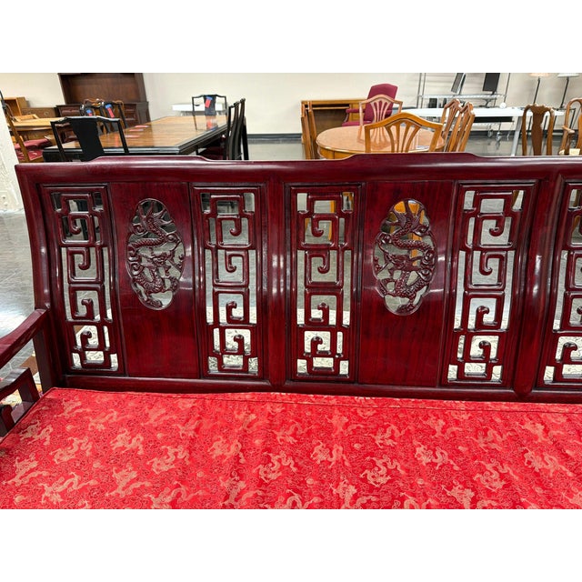 Vintage Chinese Rosewood Three-Seat Sofa With Hand-Carved Dragon Medallions and Red Silk Cushion For Sale - Image 11 of 11