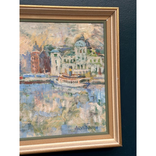 Arvidsson, Waterfront Cityscape, 1950s, Oil Painting on Panel, Framed For Sale - Image 5 of 15