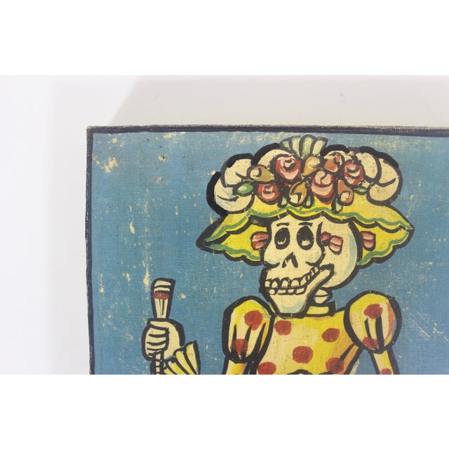 Textile Vintage Mexican Day of the Dead Folk Art Painting For Sale - Image 7 of 11