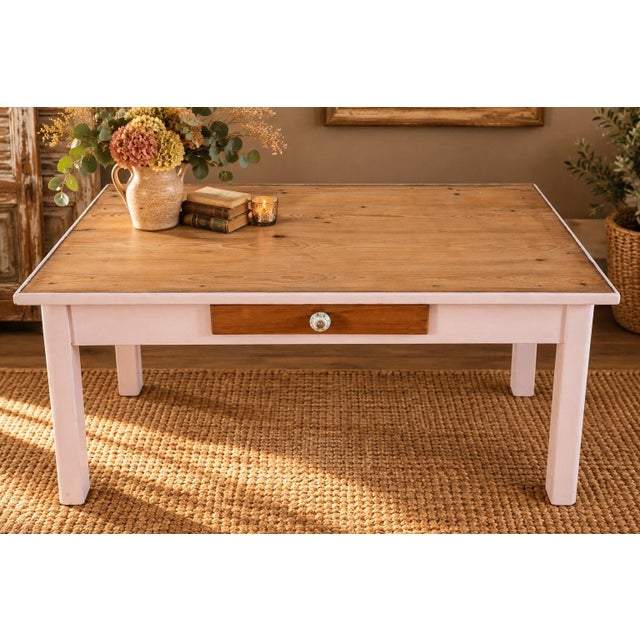 Country Coffee Table in Pinewood with Floral Porcelain Knob and Drawer, 1890s For Sale - Image 3 of 9
