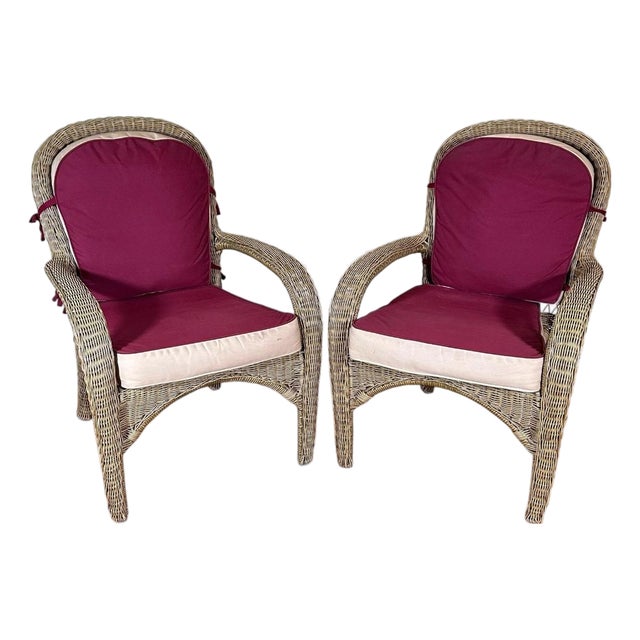 Pair of Vintage Boho Chic Wicker Barrel Back Lounge Armchairs For Sale