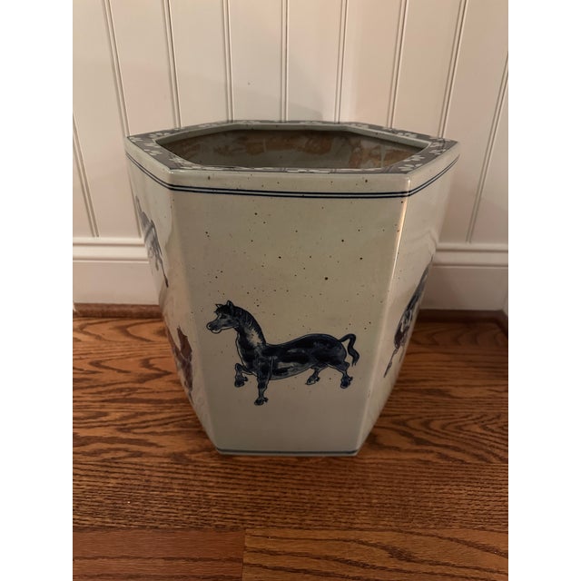 Greige Hexagonal Chinese Porcelain Equestrian Jardenierre For Sale - Image 8 of 8