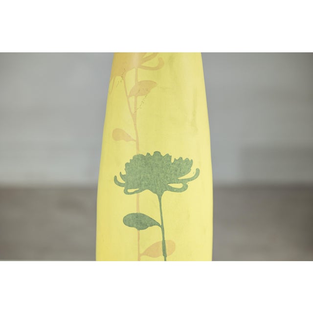 Artisan Tall Yellow Ceramic Vase with Hand-Painted Floral Motif, Sold As Is For Sale - Image 12 of 18