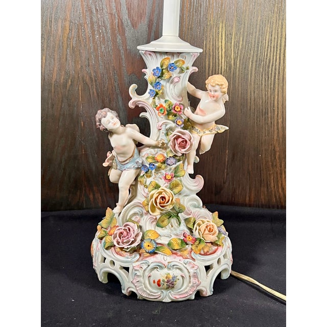 Vintage Rococo Style Porcelain Lamp With Two Cherubs For Sale - Image 11 of 14