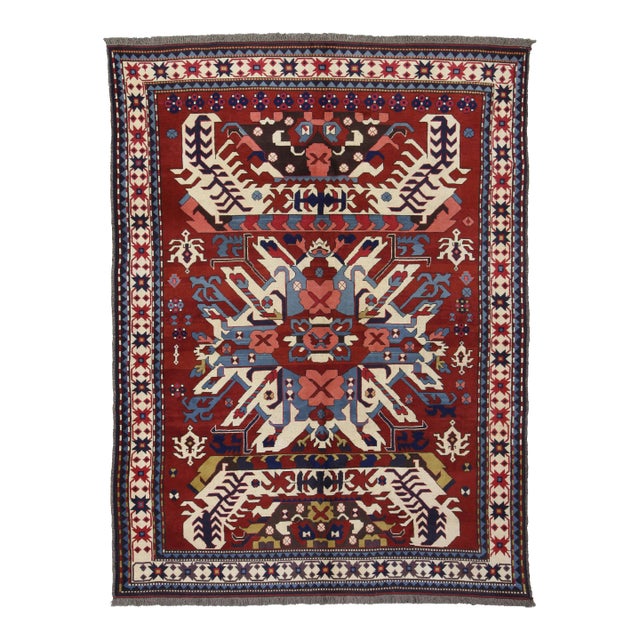 7 X 11 Modern Kazak Hand-Knotted Red Wool Rug For Sale