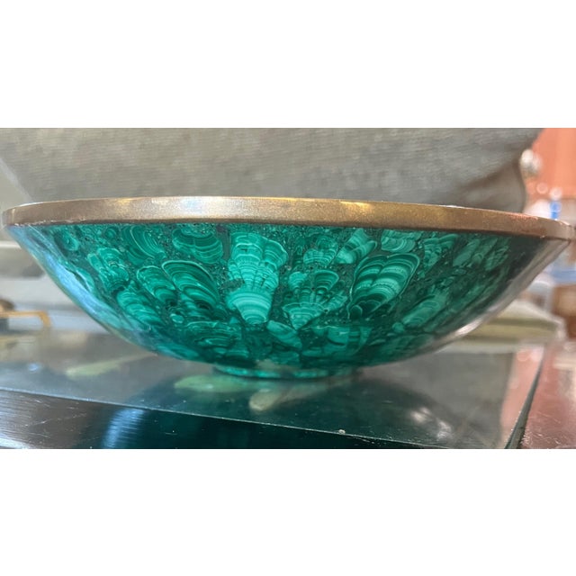 1970s Malachite Bowl With Brass Trim Beautiful Highlights For Sale - Image 5 of 5