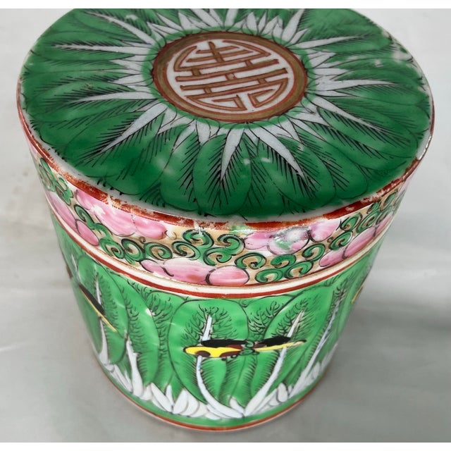 Antique Chinese Export Porcelain Famille Verte “Boc Choy Leaf” Pattern Canister With Lid. For Sale - Image 12 of 12