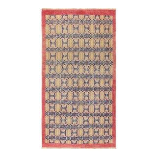 Vintage 1960s Art Deco Rug in Beige, Blue, Pink-Red Geometric Pattern For Sale
