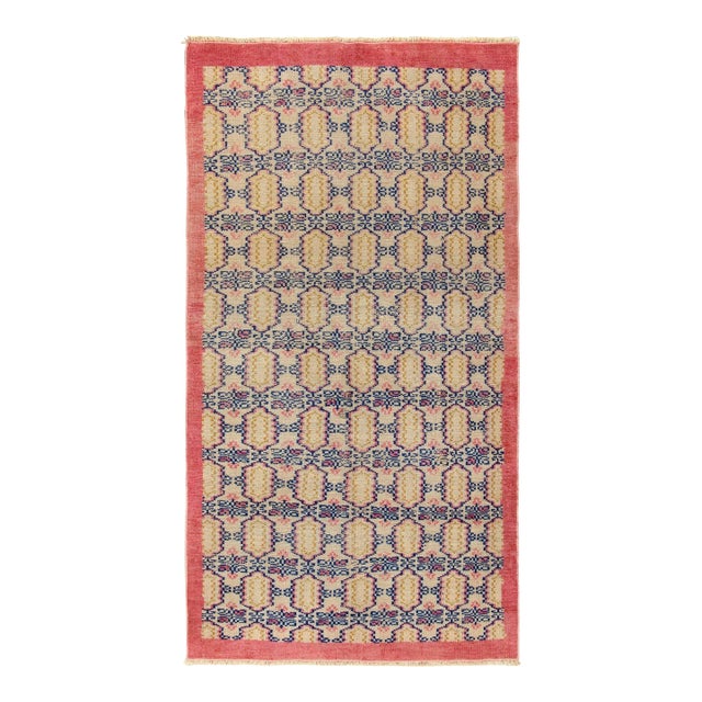 Vintage 1960s Art Deco Rug in Beige, Blue, Pink-Red Geometric Pattern For Sale