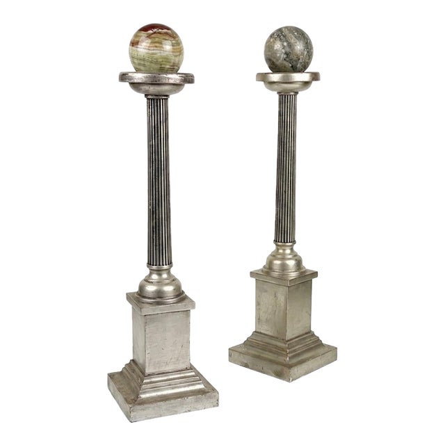 Grand Tour Neoclassical Carved Water Giltwood Columns With Marble Spheres - A Pair For Sale