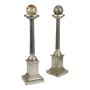 Grand Tour Neoclassical Carved Water Giltwood Columns With Marble Spheres - A Pair