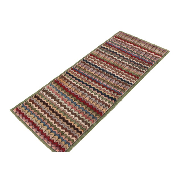 Traditional Distressed Vintage Deco Runner in Green, Pink and Beige-Brown Chevron Pattern For Sale - Image 3 of 7