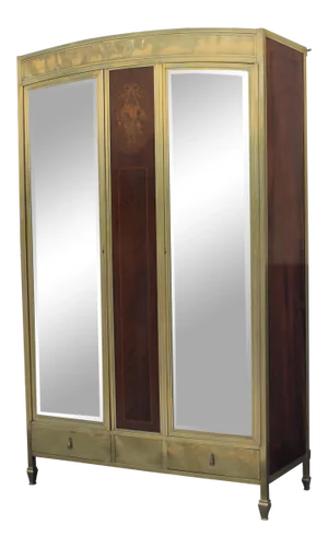 French Art Deco C. 1920s Solid Brass Armoire / Wardrobe - Mirrored With Palisander & Exotic Wood Inlay