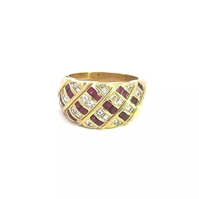 1990s Ruby Diamond Dome Ring 18k Yellow Gold Square Cut Fancy Style Wide Band For Sale - Image 5 of 7