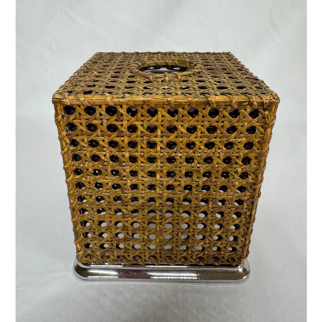 Wood Vintage Rattan Cane Webbing Tissue Box Holder With Stainless Steel Liner Insert For Sale - Image 7 of 7
