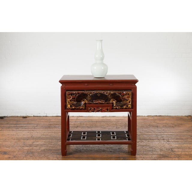Chinese Red Lacquered Console Table with Hand Carved Drawers and Geometric Shelf For Sale - Image 9 of 12