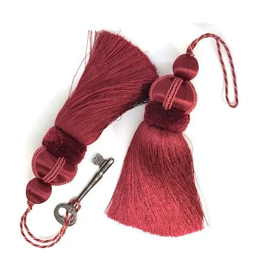 Ruby Red Pair of Ruby Red Key Tassels With Satin and Cut Velvet Details For Sale - Image 8 of 15