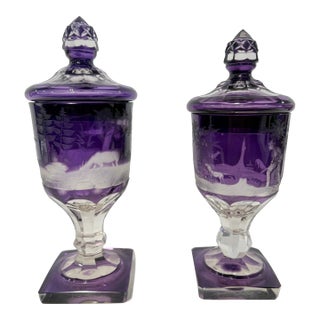 Pr, Bohemian Amethyst Hunting Engraved Glass Covered Urns, Late 19th Century For Sale