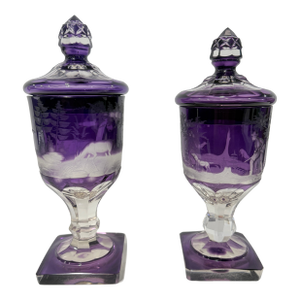 Pr, Bohemian Amethyst Hunting Engraved Glass Covered Urns, Late 19th Century