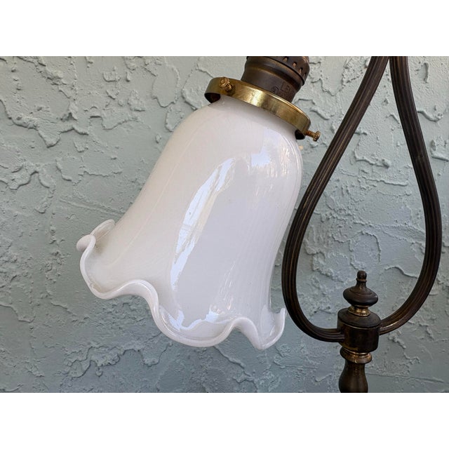 Brass Antique Neoclassical Brass Double Arm Table Lamp With Opaline Glass Shades and Marble Base, C. 1920s For Sale - Image 8 of 12