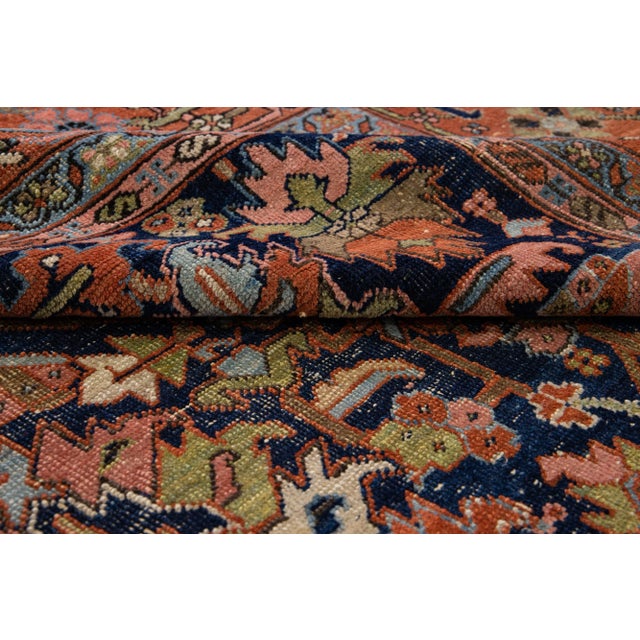 Blue Antique Persian Serapi Handmade Wool Rug With Allover Floral Pattern For Sale - Image 9 of 12