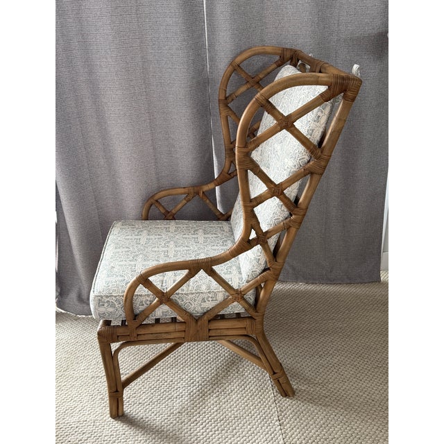 Traditional Natural Rattan Wingback Watson Chair, Upholstered, 2 Available For Sale - Image 3 of 8