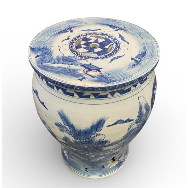 Chinese Blue and White Landscape Porcelain Garden Stool For Sale - Image 3 of 7