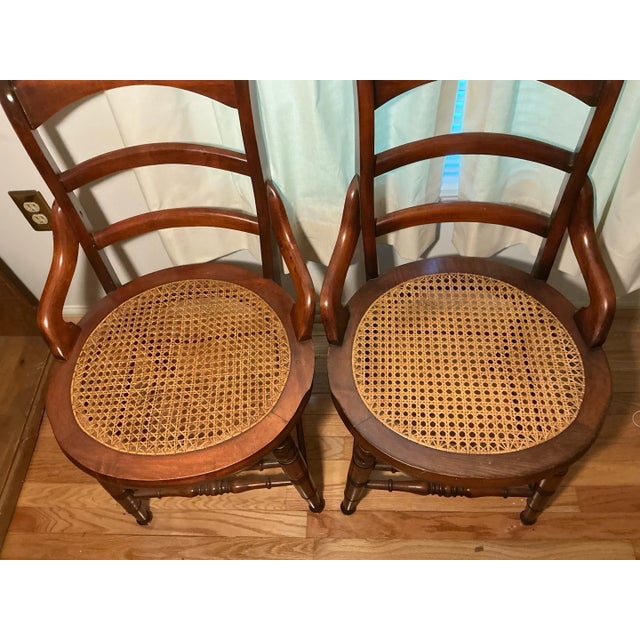 Wood Pair of Victorian Ladder-Back Arm Chairs With Round Cane Seats, Walnut, C. 1880s For Sale - Image 7 of 7