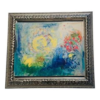 1980s Abstract Impressionist Painting Sunshine Popies by Elia in Silver Frame For Sale