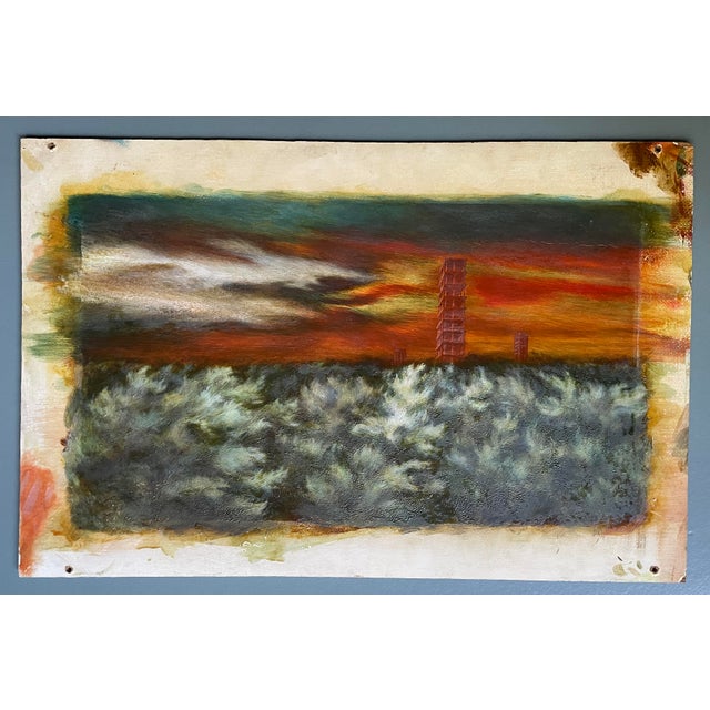 1940 oil on Masonite painting, with an orange sky and skyscrapers. Dated on the back. Combined shipping available, please...