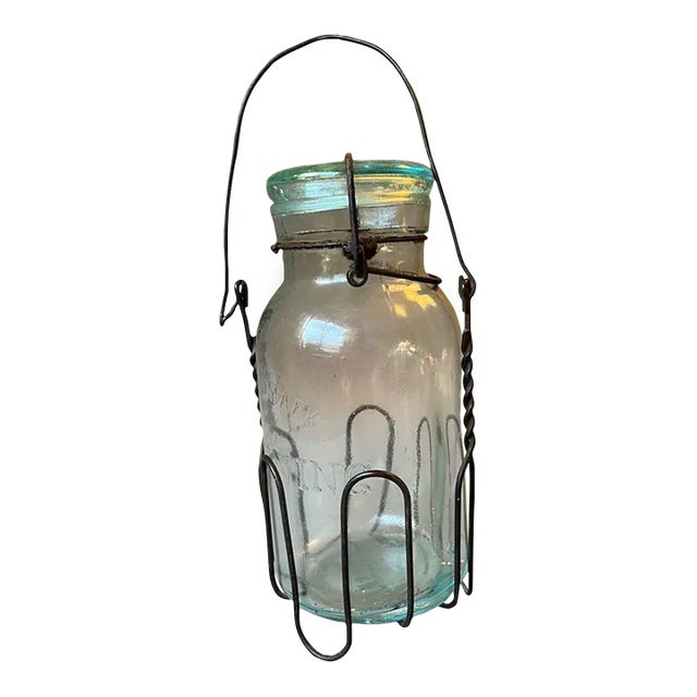 Antique Putnam 284 Lightning Aqua Blue Mason Jar in Wire Cage Carry Basket For Sale
