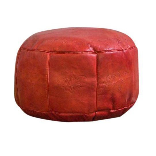 Antique Revival Leather Moroccan Pouf Ottoman Cranberry Red Chairish