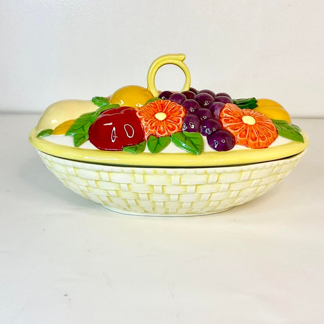 1982 Vintage Americana Folk Art Boho Chic Fruit Lidded Serving Bowl For Sale - Image 6 of 11