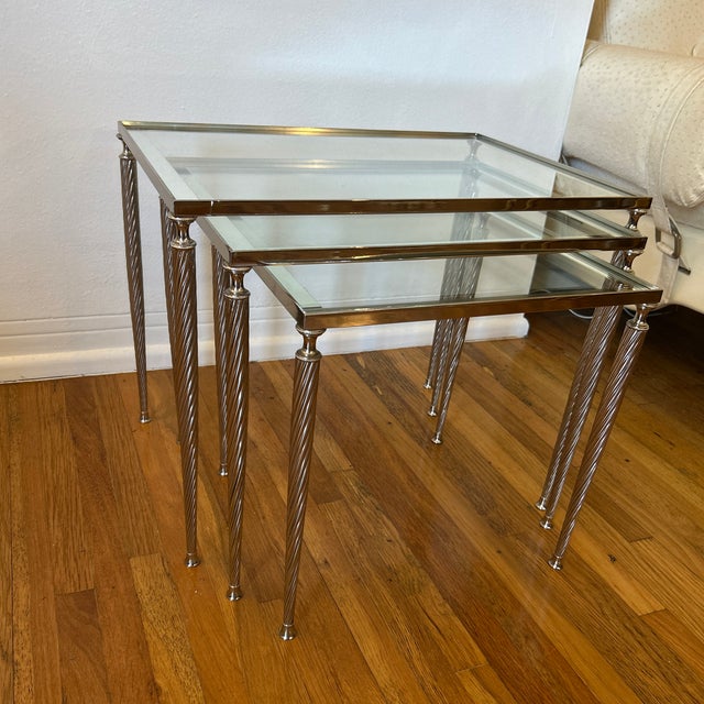1960s French Nickeled Nesting Tables With Glass Tops Maison Jansen Attributed Set of 3 For Sale - Image 10 of 12
