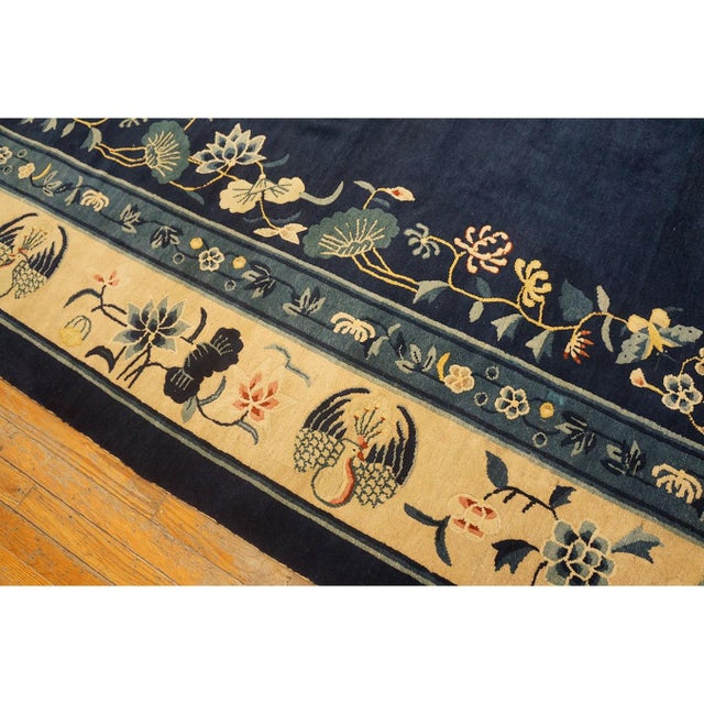 1920s 1920s Navy Blue Floral Deco Antique Chinese Peking Knotted Rug 11'9'' X 14'3'' For Sale - Image 5 of 12