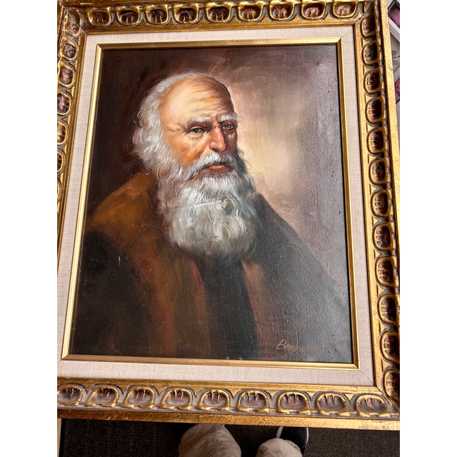 Wood 1960s Mid Century Modern Framed Oil Painting of an Old Man Chiaroscuro Tenebrism Vibe Maybe Franz Schoorman Work For Sale - Image 7 of 12