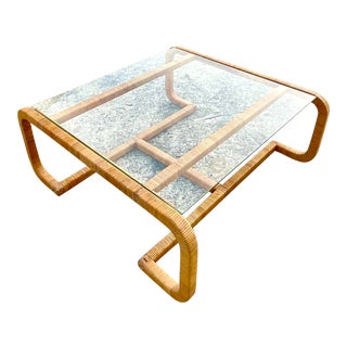 Vintage Coastal Wrapped Rattan Scroll Frame Coffee Table For Sale