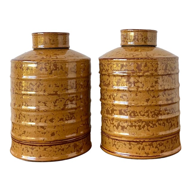 Vintage Glazed Ceramic Ribbed Lidded Urns - A Pair For Sale