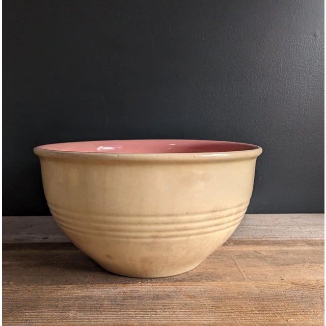 American Large Antique Stoneware Crockery Style Mixing Bowl For Sale - Image 3 of 12