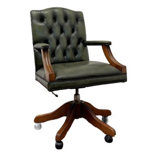 English Green Leather Chesterfield Desk Chair For Sale