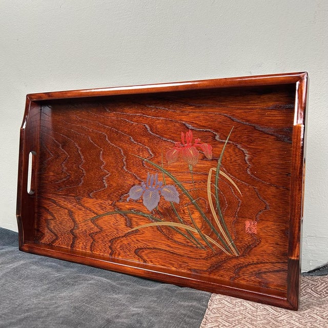 Wood Mid-Century Japanese Tray with Iris Decor, 1970s For Sale - Image 7 of 11