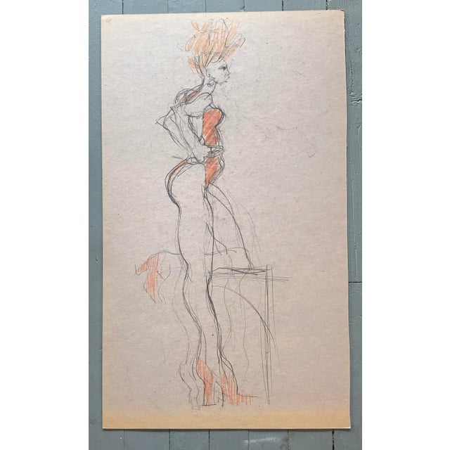 1970’s Fashion Figure Charcoal Illustration Sketch on Heavy Cardboard For Sale - Image 4 of 4