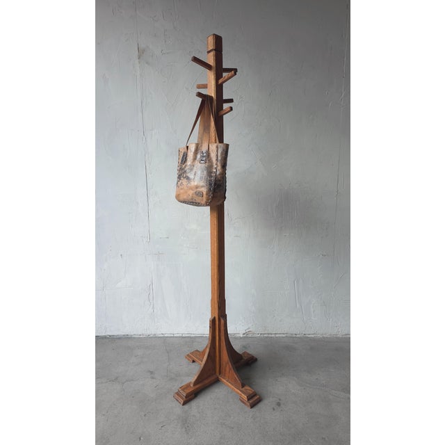 Art Deco Antique Oak Standing Coat Rack Hall Tree For Sale - Image 3 of 5