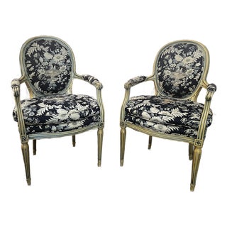 Pair of Vintage French Louis XVI Style Painted Fauteuil Armchairs For Sale